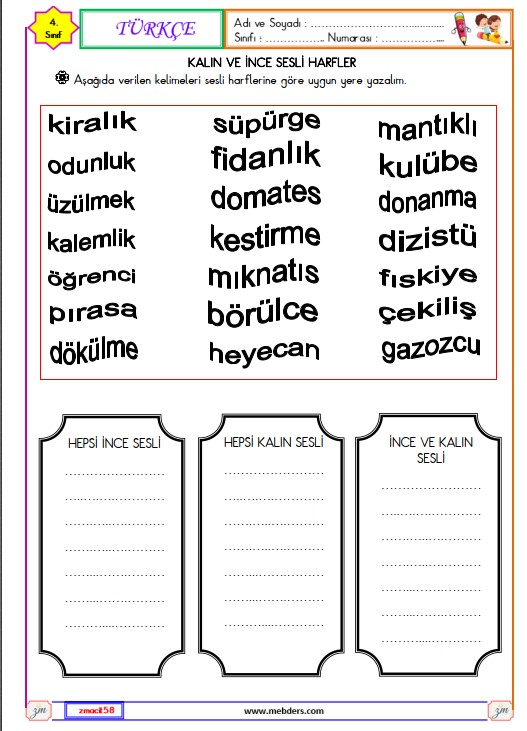 4. Sınıf Türkçe Kalın ve İnce Sesli Harfler Etkinliği